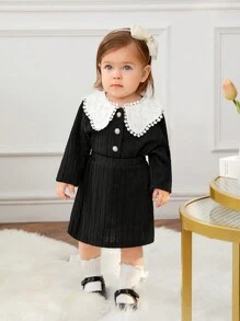 SHEIN Conjunto de chaqueta y falda para bebé niña con cuello Peter Pan y empalme - Negro - Ver 3