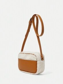 SHEIN VCAY Len cừu Túi đeo chéo Dây đeo có thể điều chỉnh Dây kéo chất liệu da PU - màu nâu - Xem 3