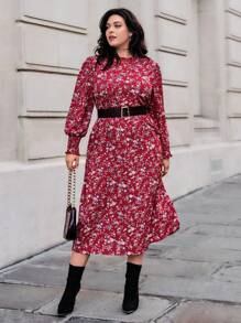 SHEIN Privé Plus Floral Print Lantern Sleeve Dress Without Belt - Red - View 1
