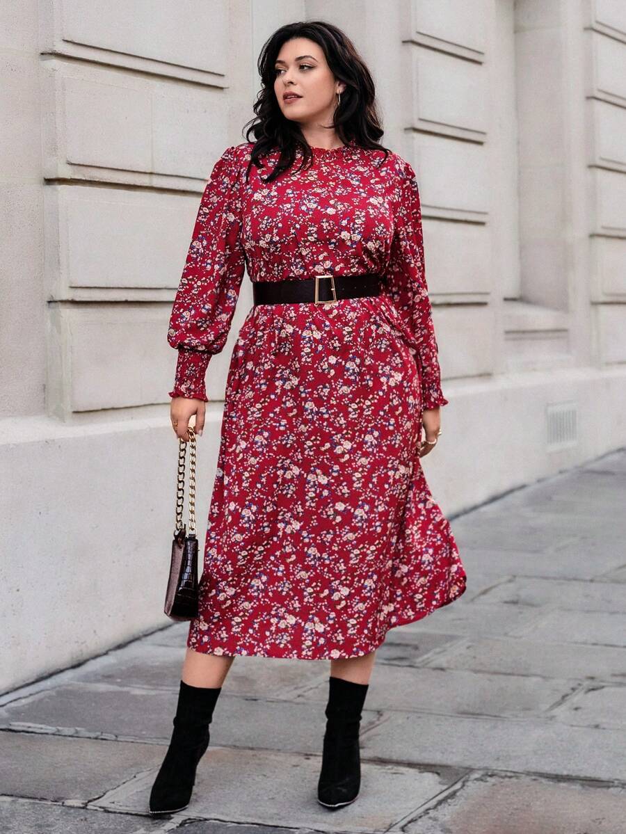 SHEIN Privé Plus Floral Print Lantern Sleeve Dress Without Belt - Red - View 1