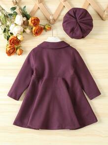 SHEIN 青少女雙排扣彼得潘領帶扣前立領大衣和帽子 - 紫色 - 查看 2