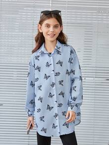 SHEIN 女生蝴蝶圖案編織休閒寬鬆襯衫 - 黑與白 - 查看 4