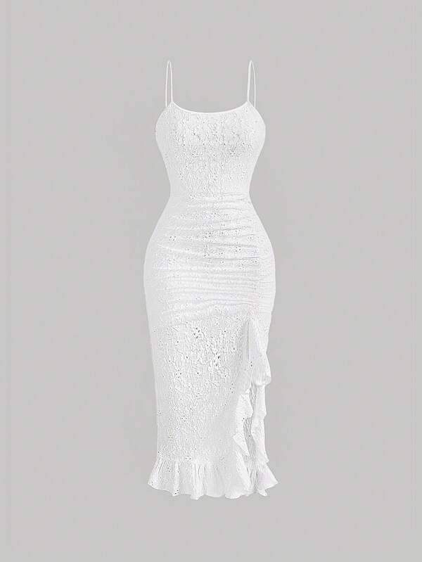 SHEIN MOD Ruched Ruffle Hem Schiffy Cami Dress,Flamenco Dress,White Graduation Dress