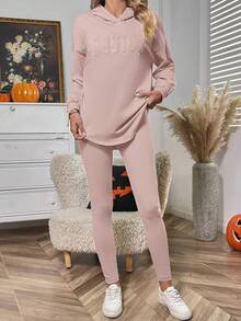 SHEIN LUNE 字母壓紋弧形下擺連帽衫和緊身褲 - 藕粉色 - 查看 5