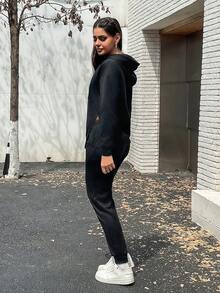 SHEIN Essnce Của phụ nữ Dây rút áo có mũ Bộ áo thun & Quần Với Viền chia cắt - màu đen - Xem 2