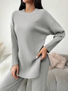 EURMUSE Cotton Drop Shoulder Split Hem Tee & Pants - Light Grey - View 4