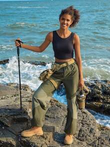 In My Nature 撞色腰部抽繩斜口袋戶外長褲 - 黑與白 - 查看 4