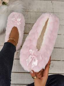 RALSWNAY Women's Soft & Comfortable Indoor Slippers, Faux Fur Heart Pattern With Bow Decor, Massage Floor Shoes,Fluffy Slippers - Baby Pink - View 5