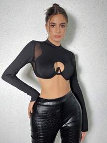 VaVaBold Atasan Wanita Kontras Mesh Memotong Sheer Plain Seksi - Hitam - View 5