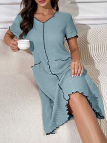 Color-block Lettuce Trimmed Plaid Print Homewear Dress - Blue - View 1