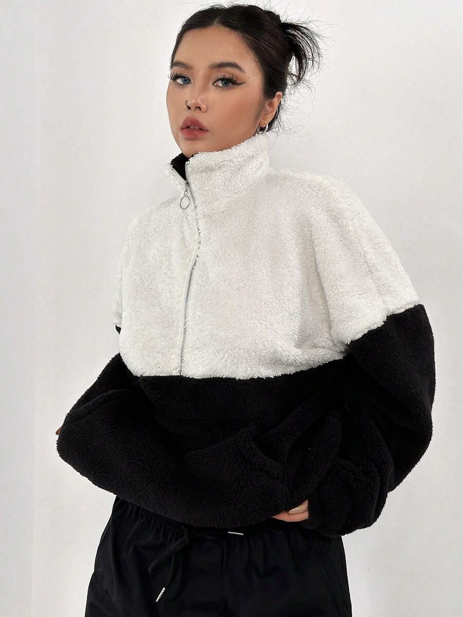SHEIN EZwear 雙色半拉鏈落肩袖運動衫 - 黑與白 - 查看 1