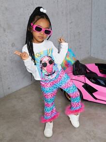 SHEIN Young Girl Allover Print Fuzzy Trim Flare Leg Pants