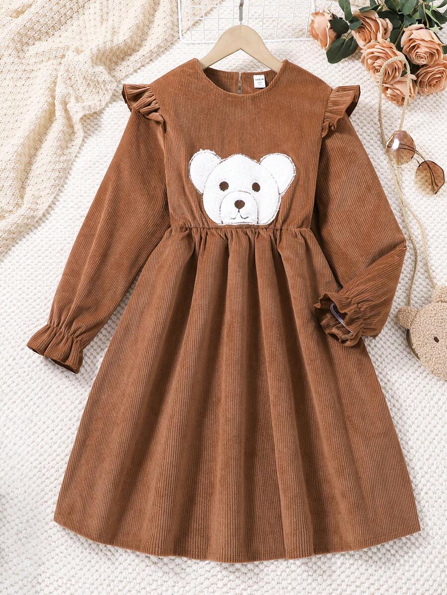 SHEIN Váy vải thêu họa tiết gấu bông thời trang thu đông cho bé gái tuổi mới lớn có tay áo trễ - Màu Khaki - Xem 1