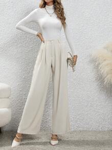 SHEIN Privé High Waist Plicated Detail Wide Leg Suit Pants - Apricot - View 6