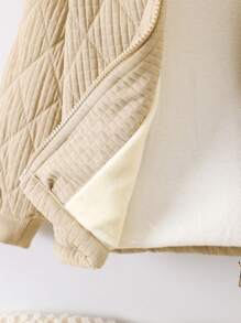 男童菱形图案网格连帽棉服外套，配有口袋和拉链 - 杏色 - 查看 3