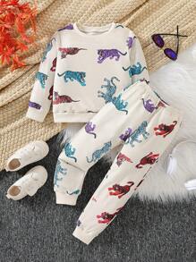 SHEIN 2 cái/bộ Cô gái Tuyệt đẹp Hổ Cartoon Mẫu In Dài Quần Bộ đồ Đối với Bữa tiệc ngày lễ , Mùa thu đông - Màu be - Xem 1