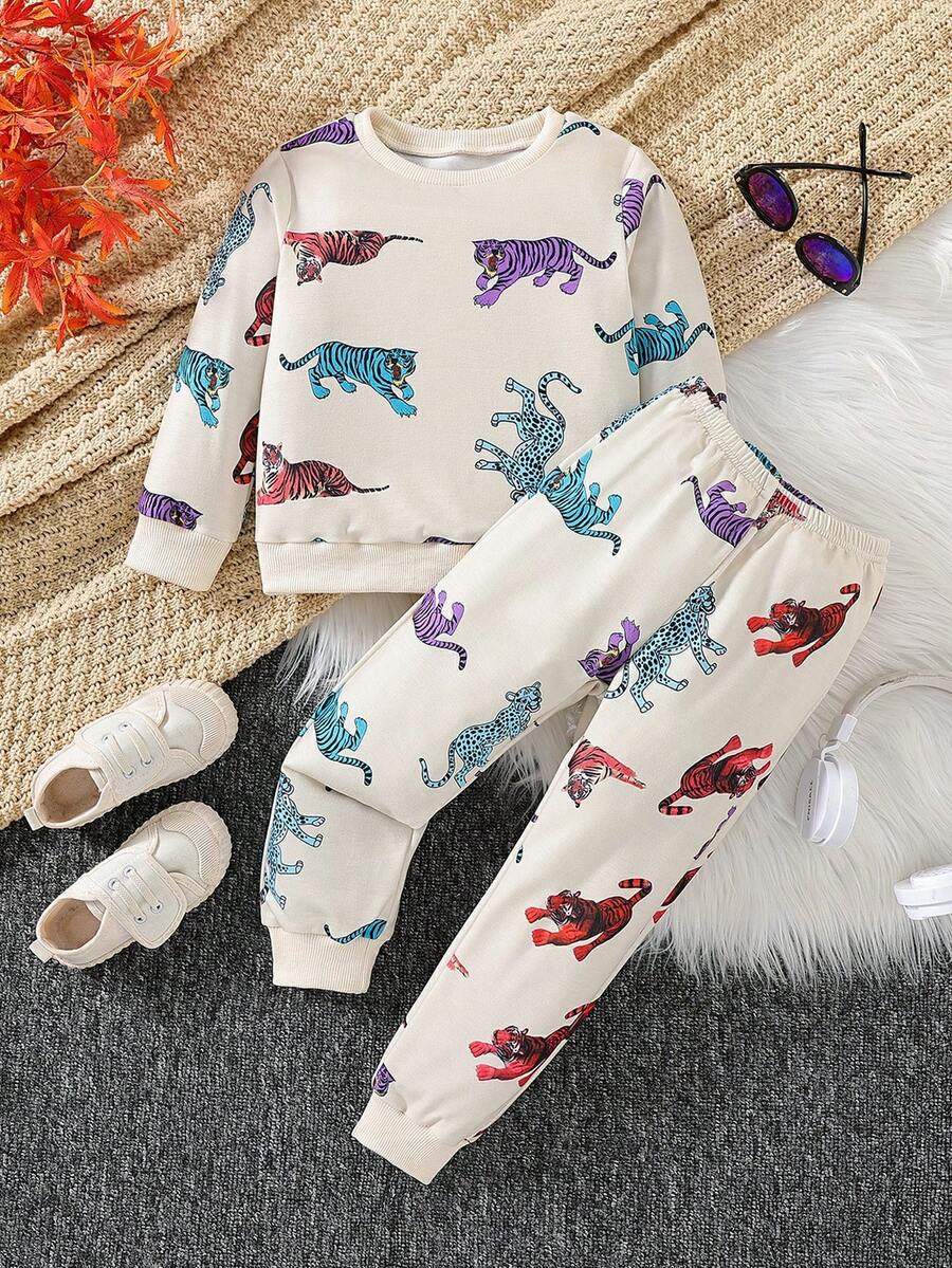 SHEIN 2 cái/bộ Cô gái Tuyệt đẹp Hổ Cartoon Mẫu In Dài Quần Bộ đồ Đối với Bữa tiệc ngày lễ , Mùa thu đông - Màu be - Xem 1