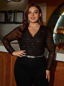 Gownix Plus Size Women's Metallic Star Overlap V-Neck Mesh Long Sleeve Bodysuit,Party Event Suitable For Autumn And Winter
