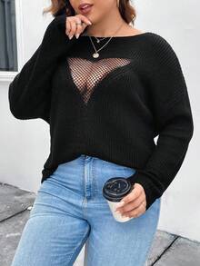 Flirla Hơn Tương phản Fishnet Cổ thuyền Thả vai Áo len - màu đen - Xem 6