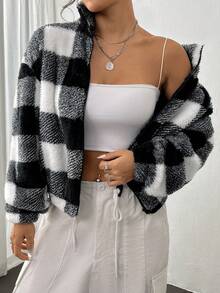 SHEIN Unity 大方格圖案落肩袖毛絨夾克 - 黑與白 - 查看 4