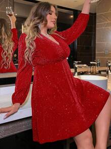 Femmeverse Plus Size Women's Glittery Wrap Dress For New Year Fall Cloth For Women - Red - View 5