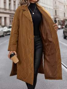 SHEIN Unity Diamond Quilted Pleated Long Padded Coat Clothes Winter With Waist Belt