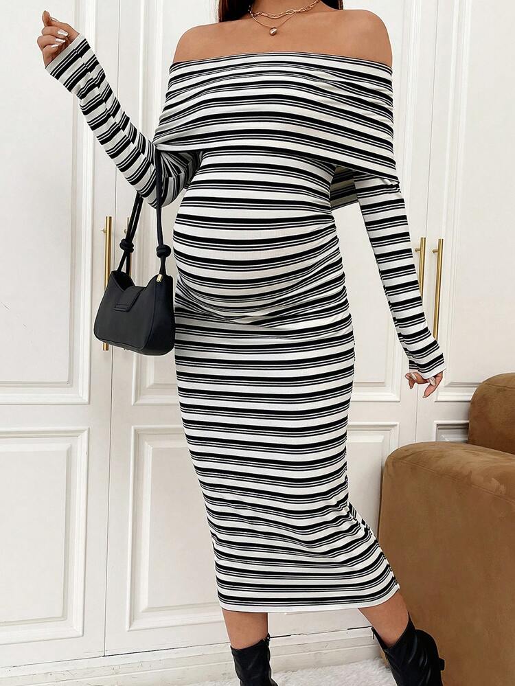 Maternity Striped Off Shoulder Bodycon Dress
