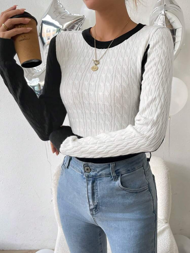 Two Tone Asymmetrical Split Hem Cable Knit Pullover Fall Winter Sweater