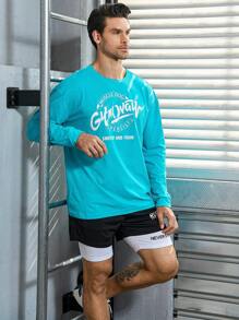 Manfinity Sport Corelite 男友风男式字母图案运动 T 恤长袖衬衫 - 藍色 - 查看 1