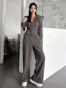 DAZY Dây kéo Dây rút Hoodie & Viền chia cắt Quần - Màu xám đen - Xem 3