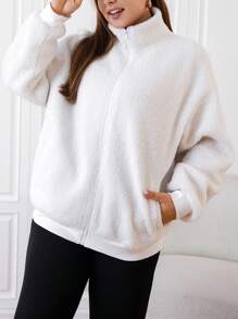 SHEIN EZwear 大碼落肩袖拉鏈開襟毛絨夾克 - 白色 - 查看 4