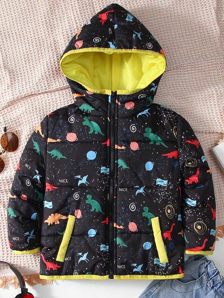 SHEIN Young Boy Dinosaur Print Zip Up Hooded Padded Coat