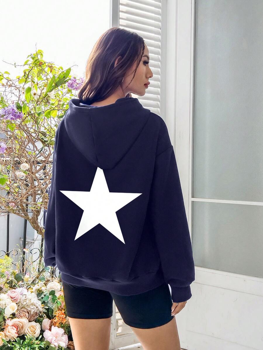 SHEIN EZwear 休閒口袋幾何女士衛衣 - 藏蓝色 - 查看 1