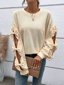 SHEIN LUNE Cut Out Bow Side Drop Shoulder Sweatshirt - Beige - View 3