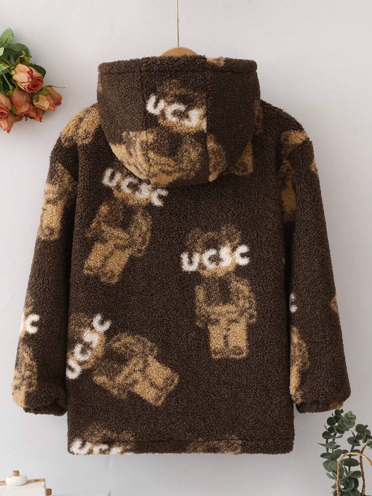Tween Girl Bear Pattern Dual Pocket Hooded Coat