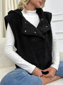 EURMUSE Half Button Teddy Hoodie Without Tee - Black - View 4