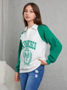 RueChic Teen Girl Letter Graphic Raglan Sleeve Two Tone Sweatshirt - Multicolor - View 5