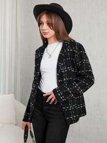 RueChic Tween Girl Plaid Single Breasted Coat - Black - View 3