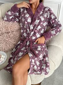 EURMUSE Cartoon Print Drop Shoulder Robe - Purple - View 1