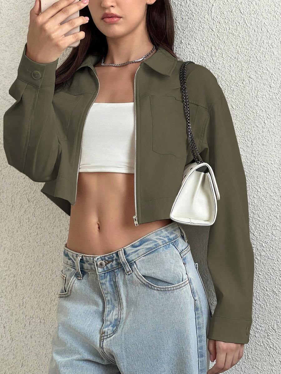 SHEIN Unity Women's Color Block Short Cropped Jacket With Pockets - Army Green - View 1