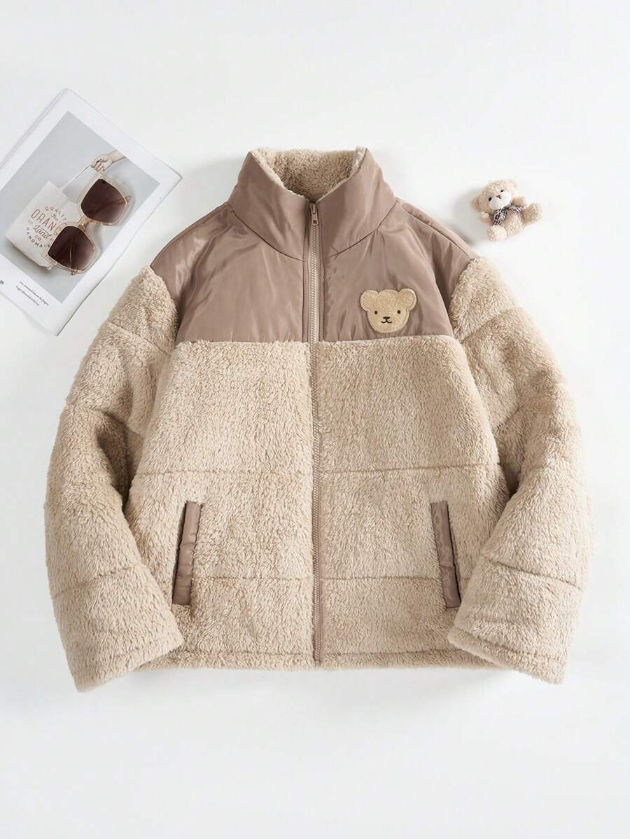 SHEIN EZwear Abrigo acolchado con cremallera, bordado de oso en bloques de color - Caqui - Ver 1