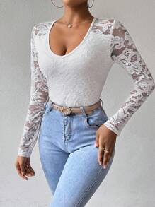 SHEIN Privé Top escote V con encaje - Blanco - Ver 4