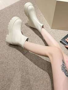 Dày Đế Giày ống NỮ Giày dép 2023 Mùa Thu /đông Mới Phong cách Anh quốc Giày ống Ankle Với Dây kéo sau Thiết kế , Phổ biến nhất Thon gọn Của phụ nữ Giày ống - Màu be - Xem 5