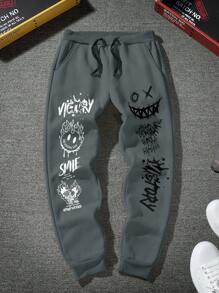 Manfinity LEGND Men's Cartoon Face & Letter Printed Drawstring Jogger Pants, Streetwear Sweatpants, For Rave - Dark Grey - View 4