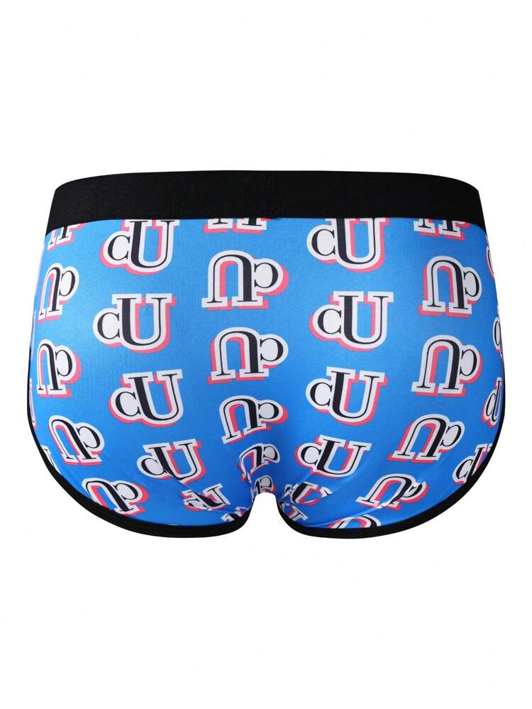 Men's Blue Funny Geometric Letter Print Briefs With Contrast Binding Medium Stretch Knitted Fabric Underwear