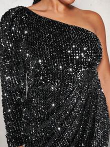 SHEIN BAE Christmas Plus One Shoulder Wrap Hem Sequin Dress - Black - View 6