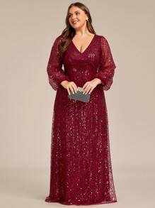EVERPRETTY Plus Size Women Elegant Lantern Sleeve Sequin Deep V Formal Evening Dress - Burgundy - View 4