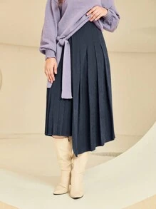 Seusyu 休閒 優雅不對稱 百褶純色女士半身裙 - 藏蓝色 - 查看 3