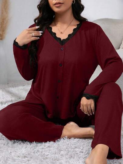 Plusstorlek spetstopp och enfärgade byxor pyjamasset, höst- och vinterkläder, mysig outfit
