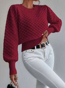 Celisse 女士灯笼袖毛衣，新年针织套头衫，秋冬毛衣 - 紅色 - 查看 5